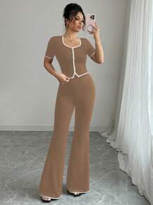 Elenzga 2 件套女士套装，前扣上衣和裤子，休闲优雅，适合通勤 - 咖啡棕 - 查看 6