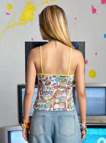 Nick 90's X ROMWE 黄色卡通人物图案吊带背心，女式拼色白色和黄色上衣 - 白色 - 查看 2