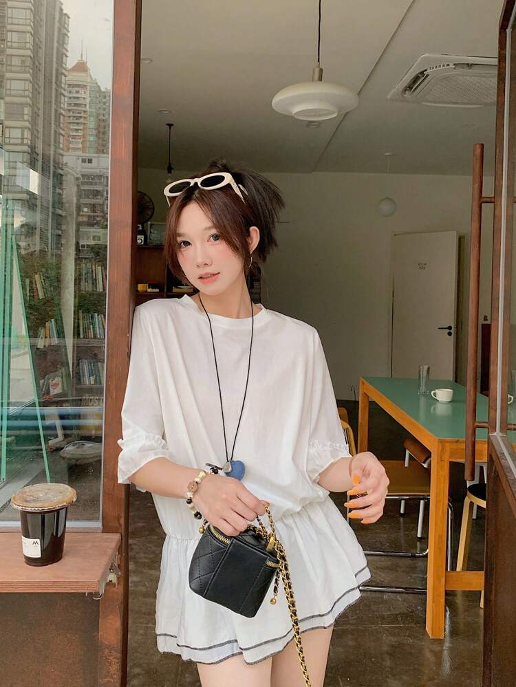 Women's Crew Neck Ruffle Trimmed Mesh Patchwork Short Sleeve T-Shirt, Summer