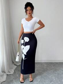 Elenzga Chân váy ôm sát in hoa thanh lịch dành cho nữ, chất liệu mùa hè thu. - màu đen - Xem 4