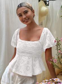 Livesso 夏季新款海滩度假纹理女式衬衫，娃娃装上衣 - 白色 - 查看 4