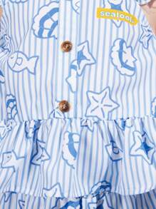 SEALOOK X SHEIN 少女卡通可爱海豹、鱼、贝壳印花蓝色夏日度假清爽荷叶边下摆上衣短裤套装 - 淺藍色 - 查看 6
