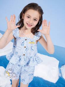 SEALOOK X SHEIN 少女卡通可爱海豹、鱼、贝壳印花蓝色夏日度假清爽荷叶边下摆上衣短裤套装 - 淺藍色 - 查看 8