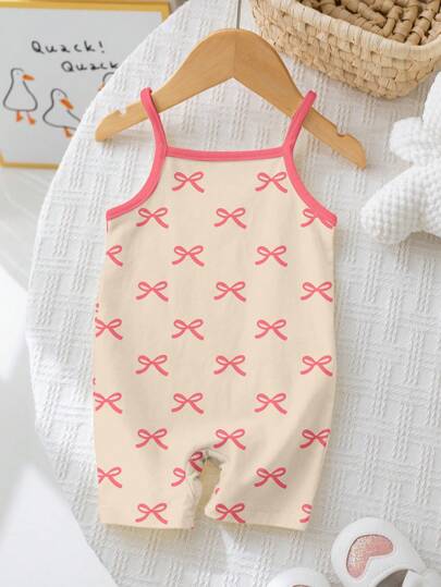 SHEIN 粉色可爱复古蝴蝶结印花女婴休闲连体裤，适合春夏季