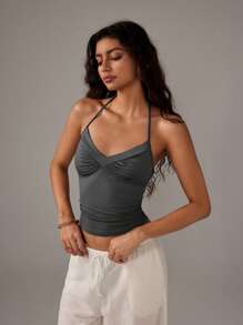 TRNVIE Versatile V-Neck Tie Spaghetti Strap Tank Top For Women - Dark Grey - View 6