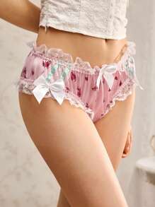 FloralLove Pantalones cortos (bloomers) románticos y adorables de satén con encaje floral, estampado floral, lazo, acabado contrastante, volantes, en color rosa y blanco
