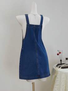 SHEIN MOD 女式休闲牛仔背带连衣裙，夏季 - 中等水洗藍 - 查看 2