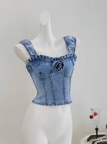 SHEIN MOD 女式牛仔休闲修身弹力上衣，蓝色，夏季上衣，短款上衣，女式束身衣上衣，露背上衣，可爱上衣，可爱夏季上衣，蓝色上衣，夏季，度假，女士生日上衣，7 月 4 日，商务休闲女装，女士外出上衣，生日，乡村音乐会 - 中等水洗藍 - 查看 7