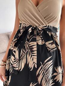 SHEIN Pregnant Women's Tropical Plants Print Patchwork Dress, Vacation Style Maternity Dress - Khaki - View 8