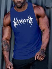 Manfinity Sport PWRUP Men's Gothic Letter Print Round Neck Daily Fitness Sports Tank Top Workout Clothes Running Tees & Tanks - Blue - View 3