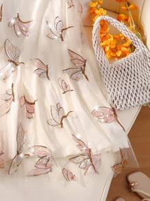 Franclia 女士优雅刺绣亮片装饰网眼无袖圆领短款 A 字连衣裙，杏色，夏季 - 杏色 - 查看 5