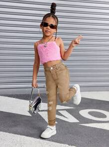 SHEIN Denim Stretch Denim Desgastados Denim para Meninas Jovens, Roupas Legais de Outono e Inverno para Meninas no Dia de Ação de Graças - Damasco - Visão 4