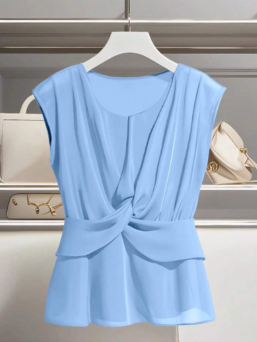 Franclia French Elegant Twist Waist Sleeveless Button Shirt In Blue - Blue - View 1