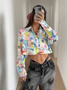 SHEIN Unity 女式全印花长袖实用口袋短款休闲衬衫 - 綠色 - 查看 4