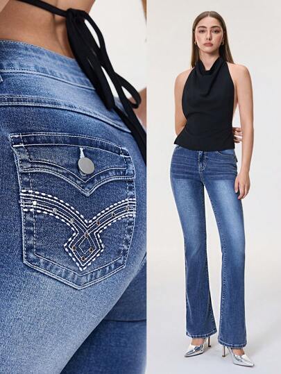 Selenza Women's Zodiac Jeans Y2k High Waist Geo Embroidered Studded Detail Elegant Flare Leg Jeans With 4 Pocket ,Butt Lifting Jeans Women