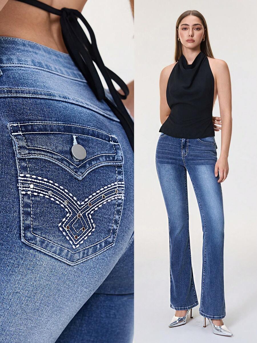 Selenza 女式 Y2k 高腰几何刺绣铆钉细节喇叭裤腿牛仔裤，带 4 个口袋 - 中等水洗藍 - 查看 1