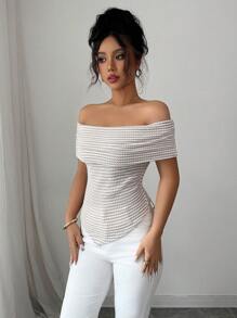 Elenzga Women's Striped Slim Fit Ruched Waist Off Shoulder T-Shirt - Apricot - View 6