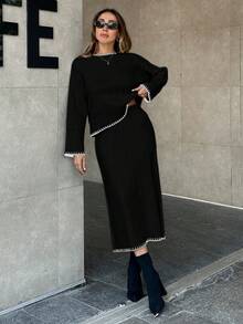 EURMUSE Women Solid Color Rib Knit Handmade Stitch Detailed Sweater & Sweater Skirt Set,Petite,Winter Clothes - Black - View 6