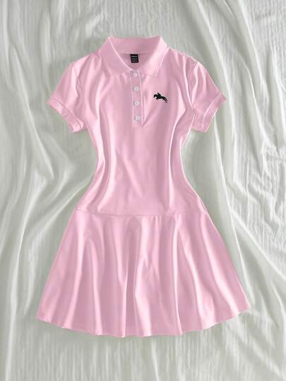 Elamini Vestido casual de manga corta para mujer con cuello de polo y estampado de caballo