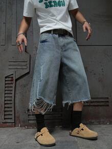 Manfinity EMRG 大码男士休闲水洗牛仔磨边短裤