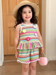 SHEIN Baby Girl Clothes  Summer Dress 2pcs Summer Infant/Baby GirlSet - Sleeveless Floral & Rainbow Striped Knit Top With Dot Ruffle Trim + Comfy Wide Leg Shorts - Green - View 3