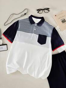 SHEIN Teenage Boys' Striped Print Polo Collar Button-Up Short Sleeve Tee - White - View 1