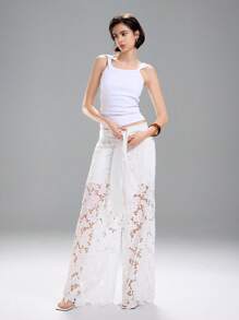 LYSMO Women's Solid Color Tie Knot Pocket Lace Patchwork Elegant Pants - White - View 8