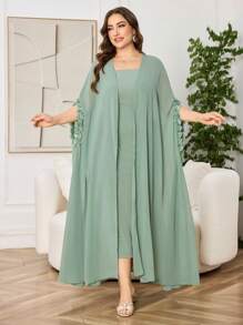 Modelyn 2 件加大码套装：无袖连衣裙配披肩领开衫，花卉图案，优雅奢华，宽松版型，蝙蝠袖，薄荷绿 - 薄荷綠 - 查看 6