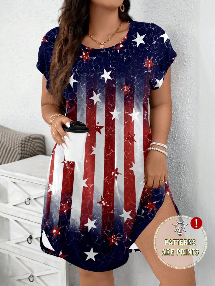 Casual Loose Fit Plus Size Women's US Flag Printed Short Sleeve Dress Vacation Outfit For Women Summer Outfits For Women,Spring