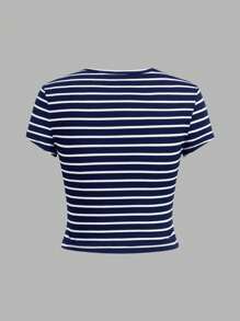SHEIN EZwear 4pcs Set Casual Minimalist Nautical Style Navy Blue Stripe Short Sleeve Cropped Fitted T-Shirt For Summer Holiday Suitable For Going Out - Multicolor - View 5