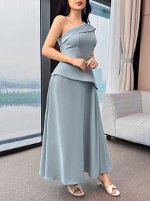 Feyla 女士优雅淡蓝色纯色不对称领褶裥长连衣裙，夏季婚礼宾客礼服，露肩生日晚宴茶会服装 - 淺色水洗藍 - 查看 6