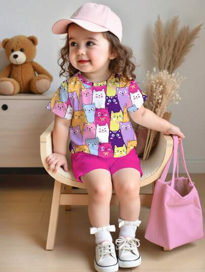 SHEIN Happikins Baby Girl Simple Casual Cute Colorful Cat Print Fashionable Round Neck Short Sleeve T-Shirt And Leggings Set, Suitable For Spring/Summer