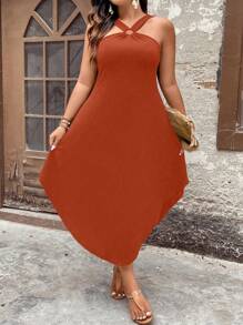 EMERY ROSE 加大码纯色露背摇摆连衣裙，弧形下摆，适合夏季长款女装 - 棕色 - 查看 5