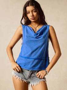 Easelle 1 件女式蓝色编织低领宽松背心 - 藍色 - 查看 4