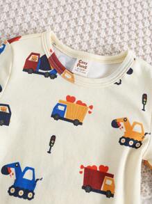 Cozy Pixies Pijama 2 Peças Ajustado, Top de Manga Longa Gola Redonda Macia com Estampa de Carro de Desenho Animado para Menino Bebê e Calça Longa Cintura Elástica com Ajuste Slim