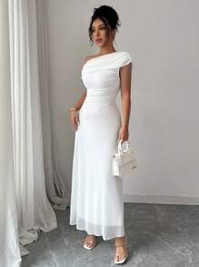 NOVVYNE 女式网眼不对称褶饰下摆优雅法式连衣裙 - 白色 - 查看 3