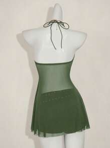 SHEIN ICON 女式不对称网眼交叉拼接吊带背心，夏季 - 軍綠色 - 查看 8