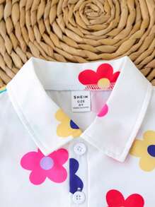 SHEIN Young Boy时尚花卉印花短袖Polo衫，适合春夏季休闲、度假、外出、拍照 - 白色 - 查看 5