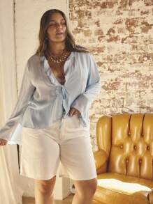 Aralina Plus Size Women Casual Solid Color Ruffle Trim Blouse - Baby Blue - View 6