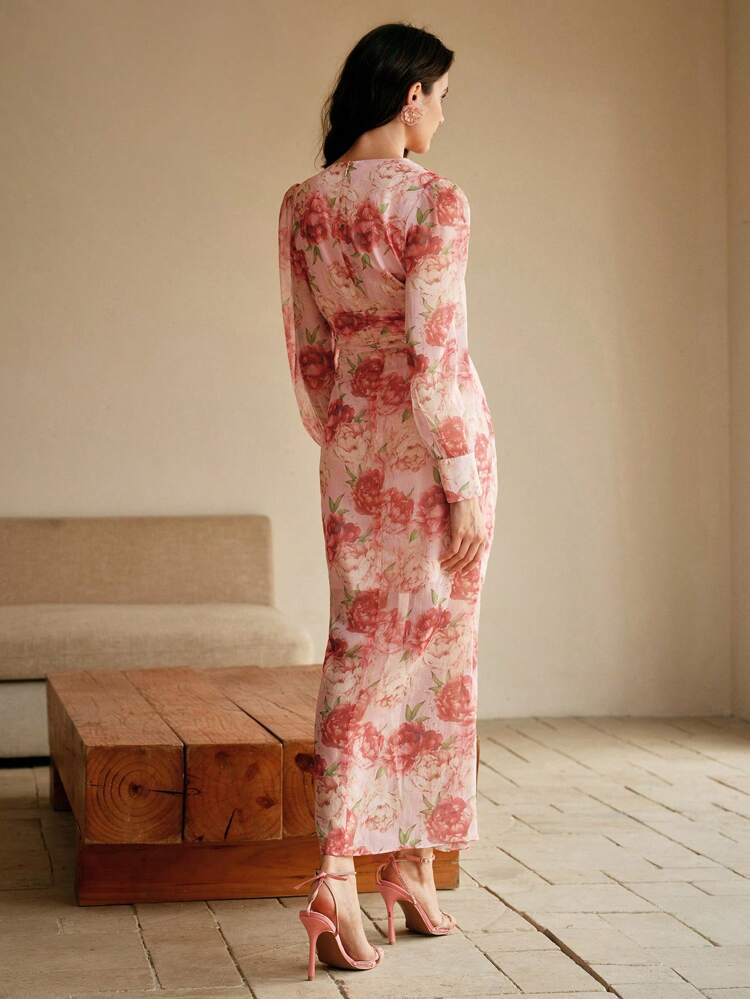 Deep V-Neck Long Sleeve Ruched Waist Bodycon Split Hem Romantic Floral Print Maxi Dress, Lightweight And Flowy, Suitable For Spring, Festivals, Holidays, Vacations, Beaches, Elegant For Women