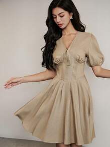 Heiryn Vestido corto de manga abullonada de color liso elegante para mujer, de verano