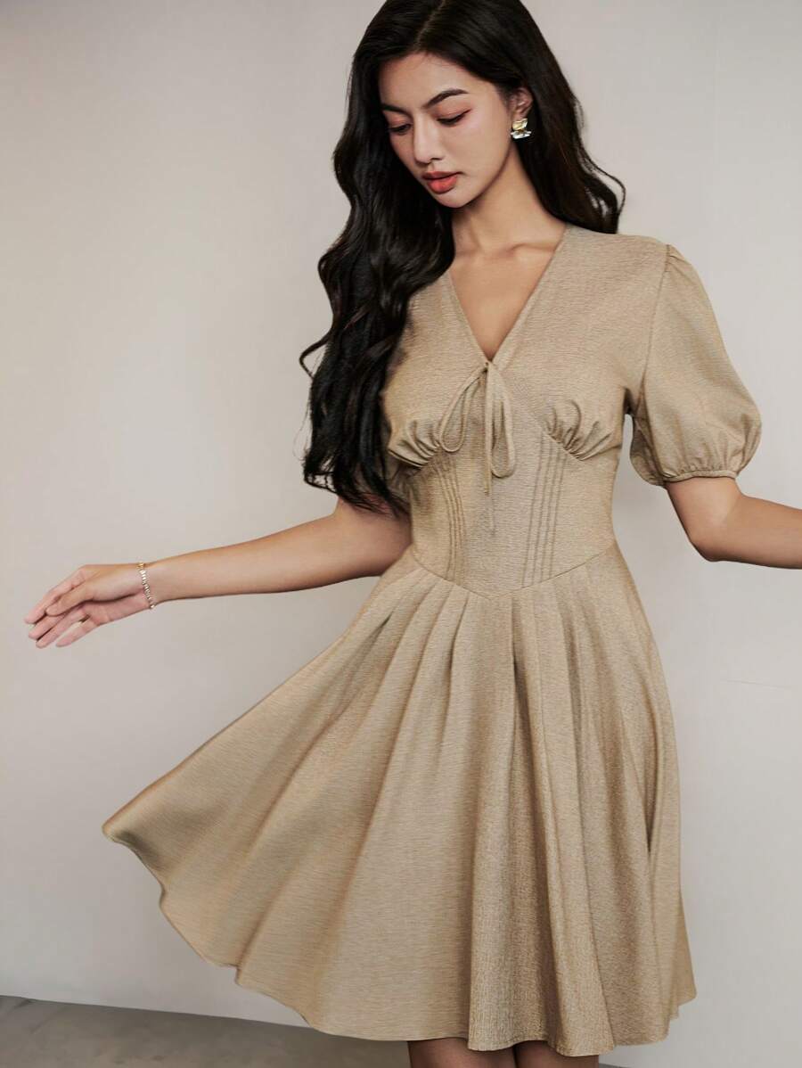 Heiryn Vestido corto de manga abullonada de color liso elegante para mujer, de verano