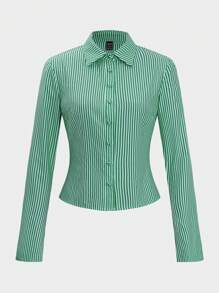 Chiquease 法式修身蓝白条纹长袖优雅优雅办公室职业装女衬衫 - 綠色 - 查看 6