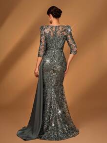 Serin 优雅奢华珍珠刺绣蕾丝和缎面拼接透视长袖美人鱼连衣裙，侧开衩，适合婚礼、派对、度假、庆典、新娘母亲晚礼服 - 深灰色 - 查看 3