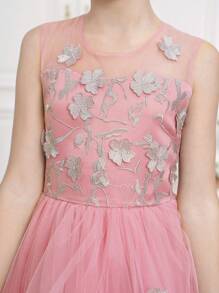 Tween Girl Long Embroidered Layered Ruffled Hem Tutu Dress With Round Neck, Pink, Suitable For Wedding, Party, Birthday, Events - Dusty Pink - View 6