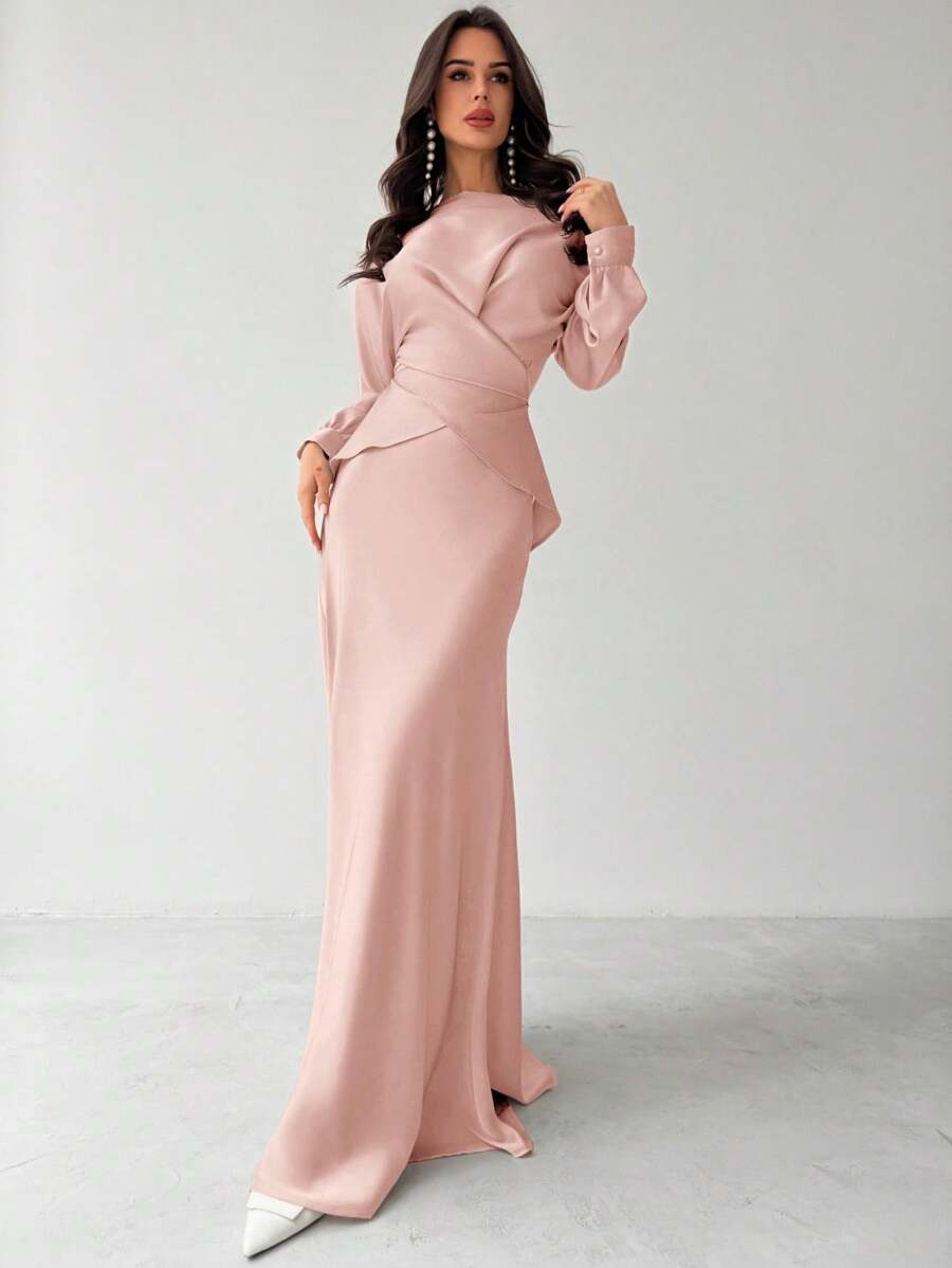 Firerie Women's Elegant Apricot Satin Asymmetric Hem Satin Skirt - Dusty Pink - View 1