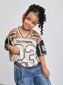 Camiseta casual de niña con cuello en V y estampado de números de punto