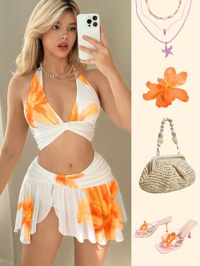 Sweetina Conjunto de top corto halter con estampado floral y minifalda de cintura baja con estampado floral para mujer, estilo Y2K para salir de vacaciones, conjunto de ropa para Hawái o Ibiza