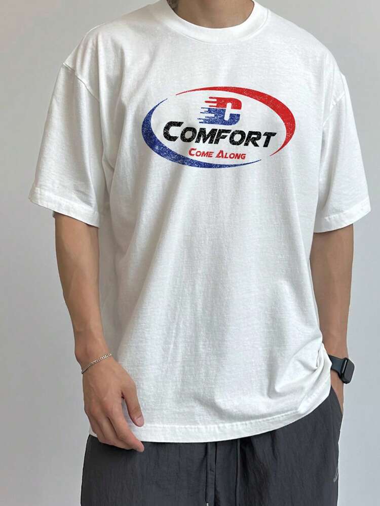 Red & Blue Letter Print White T-Shirt For Men, Summer,Graphic Tees