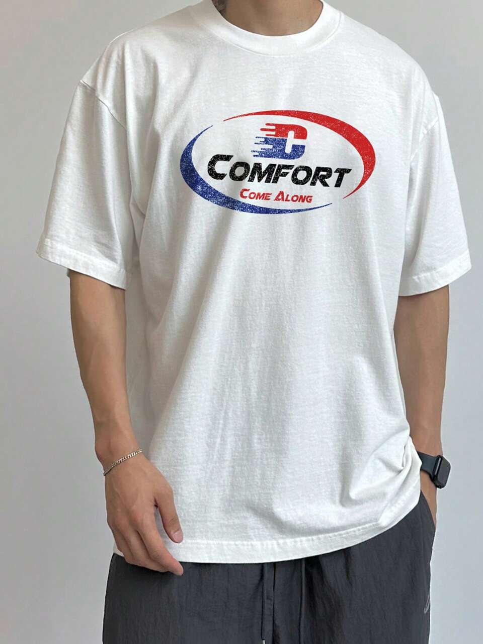 Red & Blue Letter Print White T-Shirt For Men, Summer,Graphic Tees Vacation